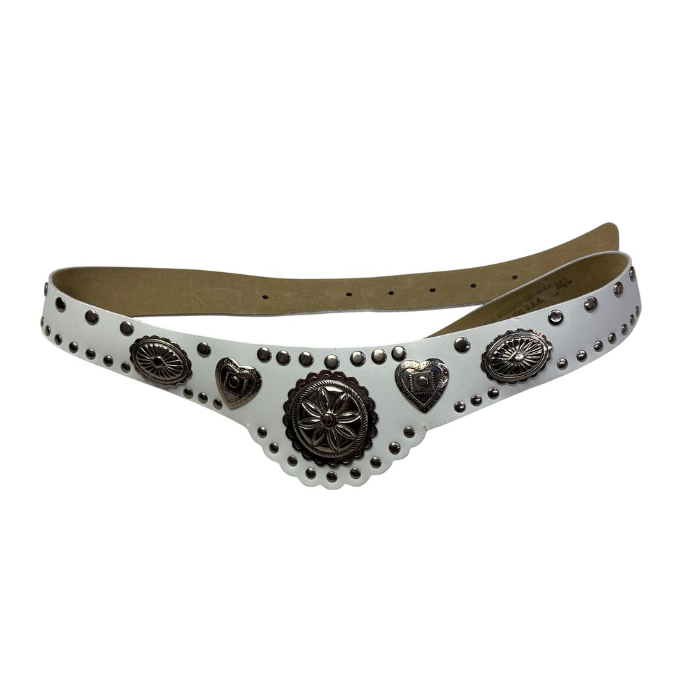 White Bonded Leather Western Concho V-Shape Studded Belt Made in USA Small - Picture 2 of 5